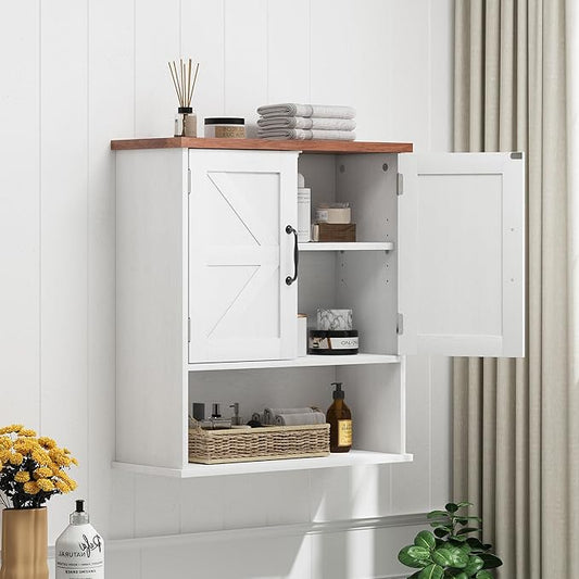 Smuxee Farmhouse Bathroom Cabinet Wall Mounted, White Small Medicine Cabinet with Adjustable Shelf, Bathroom Cabinet for Living Room, Laundry Room