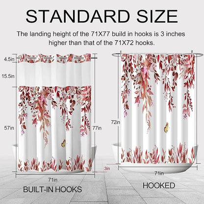 No Hook Shower Curtain and Liner Set, Red Eucalyptus 71x77 | Floral Design, with Snap in Liner, See-Through Top Window, Waterproof, Machine Washable, Quick-Drying, for Hotel Bathroom