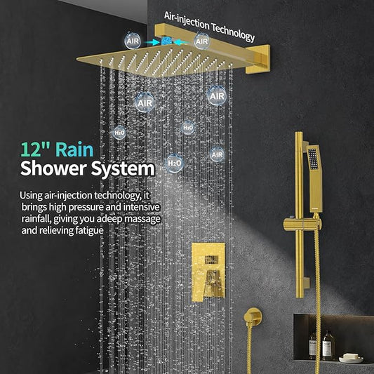 SR SUN RISE 12 Inch Brushed Gold Shower Faucet Set, Wall-Mount Adjustable 16-Inch Slide Bar with Square Hand Shower System Included Valve and Trim Kit