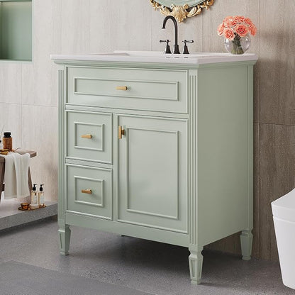 30" Bathroom Vanity with Ceramic Sink, Undermount Single Basin Bath Vanity Set w/1 Flip-Up & 2 Drawers,Modern Freestanding Storage Cabinet w/Adjustable Shelf,Solid Wood Frame,Green