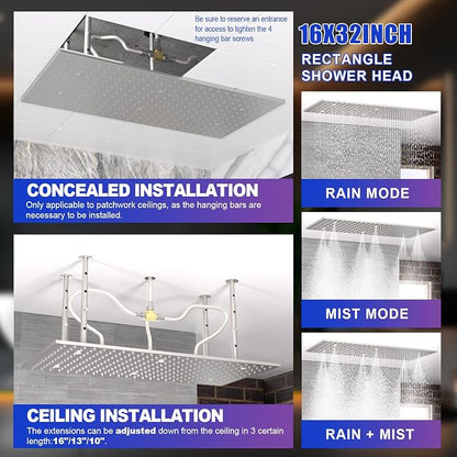 2-Functions Luxury High Pressure Rain Shower Head, 16"x32" Large Ceiling Full Body Shower Head with Silicone Nozzles Rectangle Mist Showerhead, Brushed Nickel Finish
