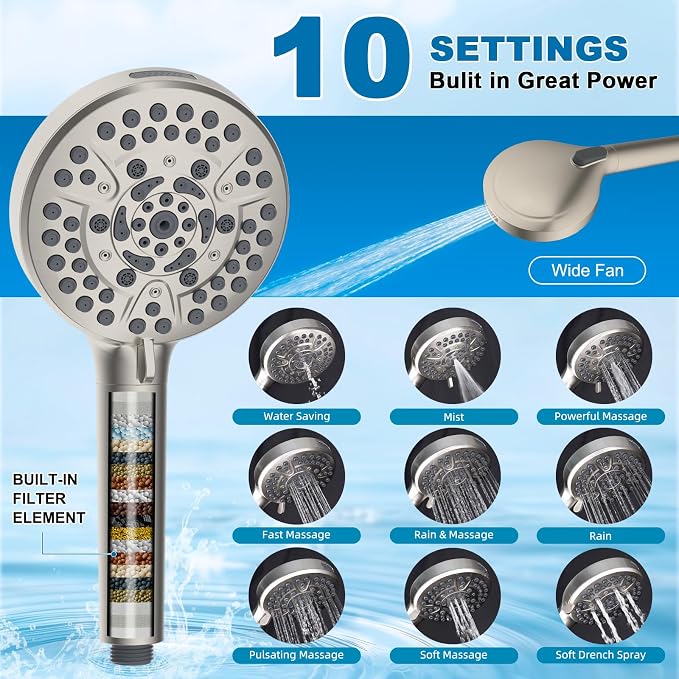 Metal 10" Rain Showerhead with 10-Spray Filter Handheld, 4-way Diverter | Brushed Nickel Finish, NSF/ANSI/CAN 372 Certified, High Pressure Shower Head with Pause Mode, 71" Hose/12" Extension Arm