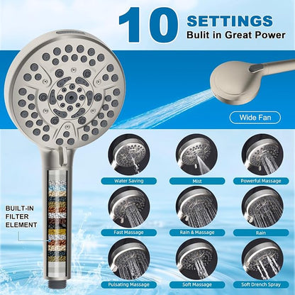 Metal 10" Rain Showerhead with 10-Spray Filter Handheld, 4-way Diverter | Brushed Nickel Finish, NSF/ANSI/CAN 372 Certified, High Pressure Shower Head with Pause Mode, 71" Hose/12" Extension Arm