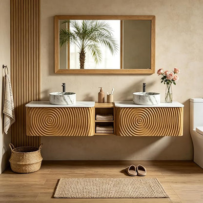 84" Floating Bathroom Vanity with Double Sink, Mid-Century Wall Mounted Bathroom Vanity Cabinet with Wood Waved Decor, Marble Ceramic Basin, Sintered Stone Top, Soft Close Drawer, Side Open Cube