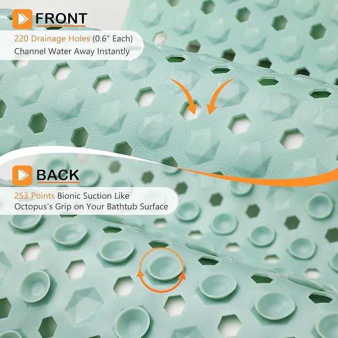 Yimobra Bathtub Mat Non Slip, 34.5"X15.5" Long Shower Mat for Inside Shower, Machine Washable Bath Mat with Drain Holes & Strong Suction Cups, Soft on Feet, Bathroom Essentials, Light Green