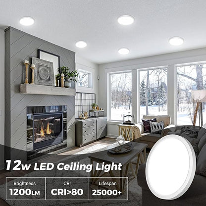 zemty 12Pack LED Flush Mount Ceiling Lights, 6.5 Inch 12W 1200lm Lighting Fixtures Recessed, Adjustable 3000K 4000K 6500K, Round Modern Ceiling Lamp for Bathroom Closet Hallway