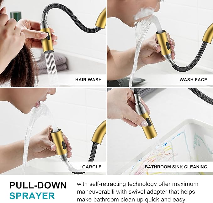 KENES Brushed Gold Pull Down Bathroom Faucet, 8 Inch 2 Handle Widespread Bathroom Faucet 3 Hole with Pull Out Sprayer, Bathroom Sink Faucet with Pop Up Drain & Supply Lines LJ-9068-4