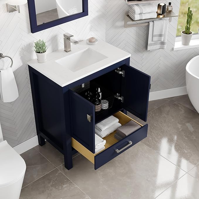Eviva London 30 in. Blue Single Sink Bath Vanity with Carrara Quartz Top and Undermount Porcelain Sink