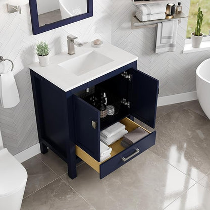 Eviva London 30 in. Blue Single Sink Bath Vanity with Carrara Quartz Top and Undermount Porcelain Sink
