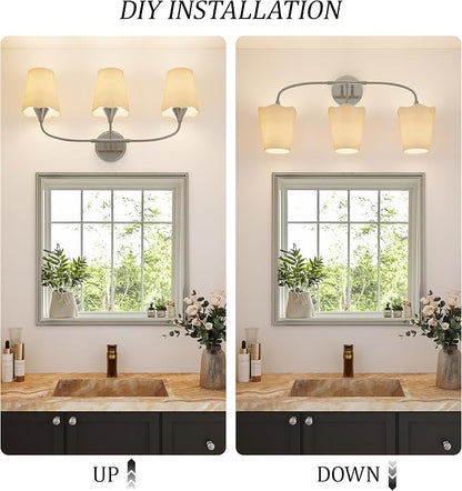 Morauroral Bathroom Light Fixtures Over Mirror, 3 Light Vanity Light for Bathroom, Brushed Nickel Vanity Light Fixtures with Fabric Linen Shade, E26 Socket Sconce Wall Decor(ETL Listed)
