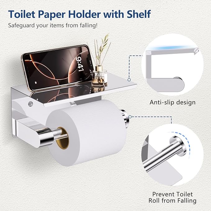 TQKAG 5 Piece Bathroom Towel Holder, Polished Chrome Bathroom Hardware Set | SUS304 Stainless Steel, 23.6" Toilet Paper Holder with Shelf, Towel Racks for Bathroom Wall Mounted, Towel Bars