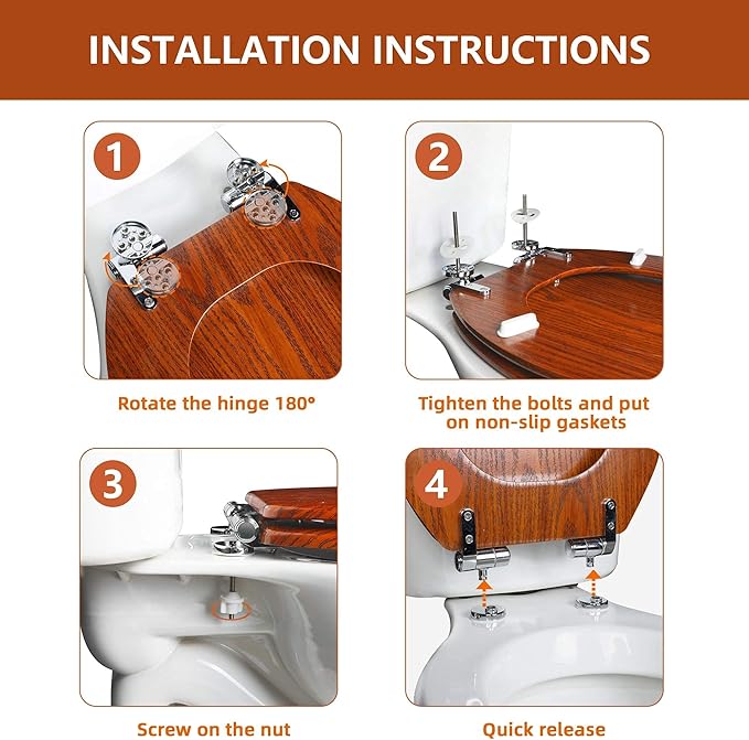 Round Toilet Seat Molded Wood Toilet Seat with Quietly Close and Quick Release Hinges, Easy to Install also Easy to Clean by Angol Shiold (Round, Brownish Red)