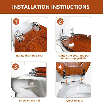 Round Toilet Seat Molded Wood Toilet Seat with Quietly Close and Quick Release Hinges, Easy to Install also Easy to Clean by Angol Shiold (Round, Brownish Red)