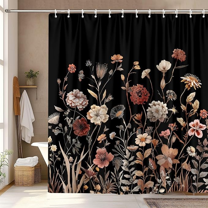 Vintage Boho Black Floral Shower Curtain, Beige Brown Cream Tan Rustic Farmhouse Flower Shower Curtain Set, Cute Botanical Wlidflowers Fabric Shower Curtains Decoration, 72X78 Bathroom Accessories