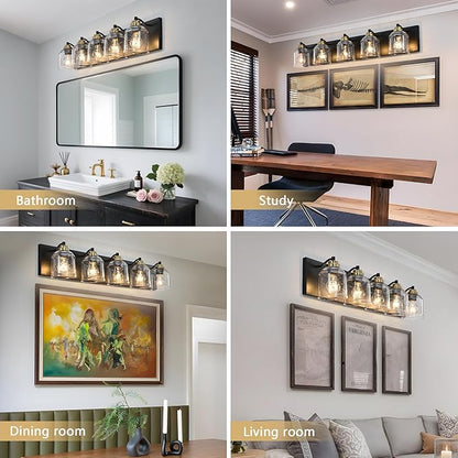 Vanity Lights for Bathroom Large 40", Farmhouse Rustic Vanity Light with Bubble Glass Shades, Black and Gold 5 Light Bathroom Lighting Fixtures Over Mirror, Bath Wall Sconce Home Decor