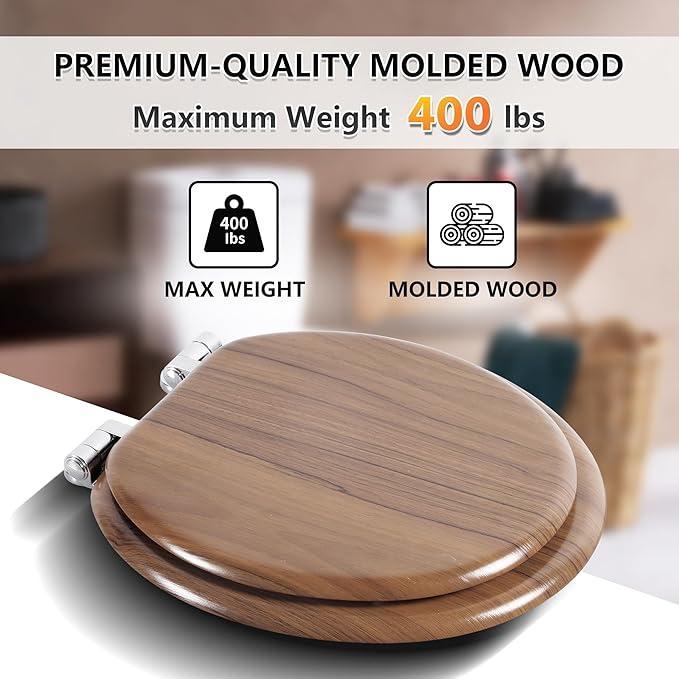 Round Toilet Seat Molded Wood Toilet Seat with Quietly Close and Quick Release Hinges, Easy to Install also Easy to Clean by Angol Shiold (Round, Natural)