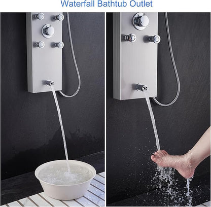 MENATT 304 Stainless Steel Shower Panels System with 6 Body Jets, Shower Tower with Adjustable 9 inch Rainfall Shower Head, Handheld Shower Wand, Brushed Nickel