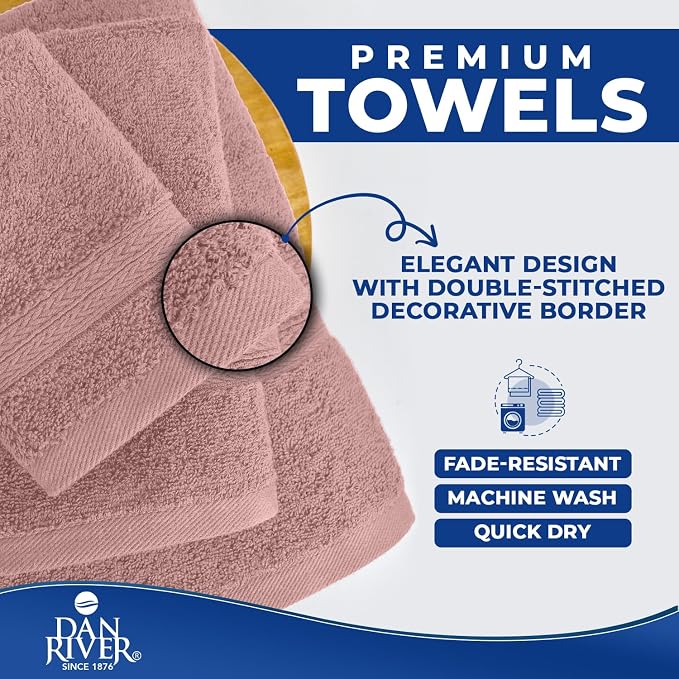 DAN RIVER 8 Piece Luxury Bath Towels for Bathroom, Towel Set, Dusty Rose | 2 Bath towels, 2 Hand towels, and 4 Wash Cloths, 600 GSM 100% Ring Spun Cotton, Highly Absorbent, Gym, Hotel, guest, and Spa