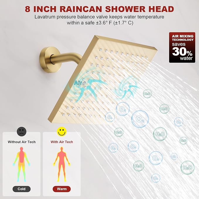 Gold Shower Head and Valve Set Single Spray Premium Wall Mount 8 Inch Rainfall Squre 1 Handle Shower Faucet with Rough-in Valves and Knob Kit for Bathroom Mixer （1.8GPM)