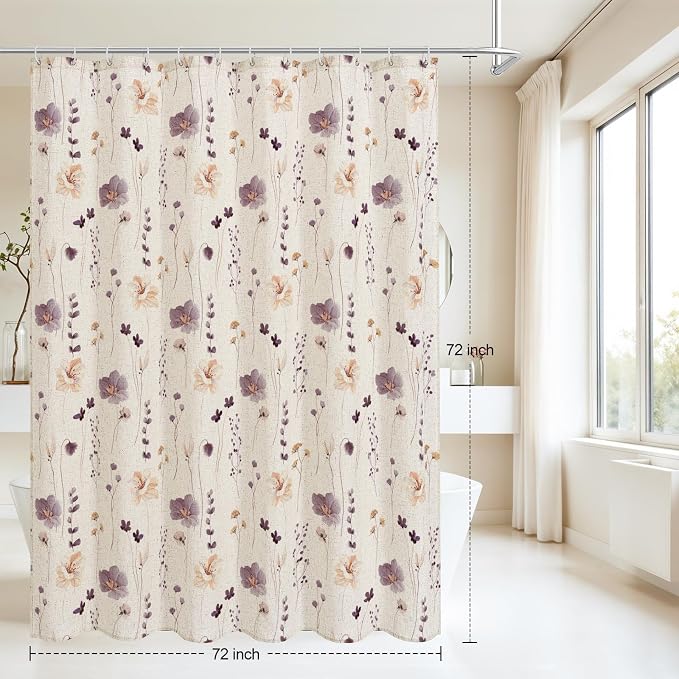 Plum Linen Watercolor Floral Fabric Shower Curtain, 72x72 | Linen Fabric, Modern Minimalist Floral Print, Machine Washable, Rustproof Grommets, for Bathroom Home