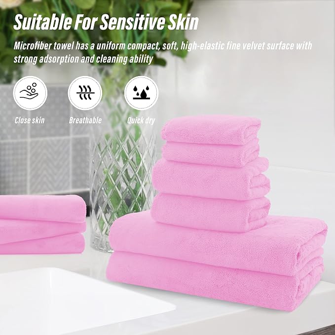 MOONQUEEN Ultra Soft Microfiber Coral Velvet Towel Set - Quick Drying - 2 Bath Towels, 2 Hand Towels, 2 Washcloths - Frozen Berry, 6 Pcs