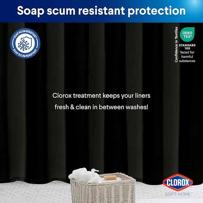 Clorox 2-in-1 Bathroom Shower Curtain Liner, Durable Fabric, Weighted Magnets for Bath Water Control, Washable Premium Quality, Modern - 72" x 72" Black