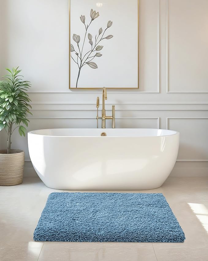 ILANGO Blue Bathroom Rugs 36" × 24" Non Slip & Super Absorbent Extra Thick Soft, Washable Bath Mat for Floor, Microfiber Plush Shaggy Bath Rug with Rubber for Bathtub Shower Room Sink