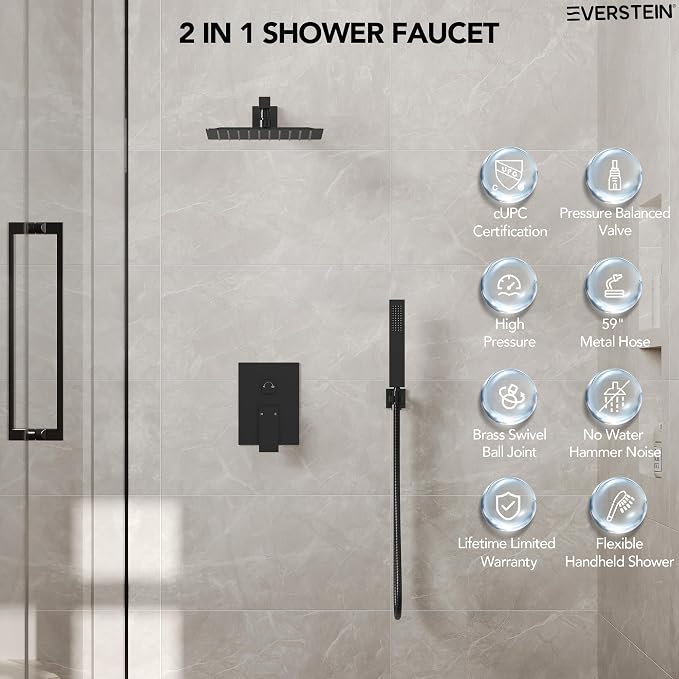 10 Inch High Pressure Rainfall Shower System with Handheld Spray, Wall Mount Bathroom Shower Faucet Set with Valve (Matte Black)