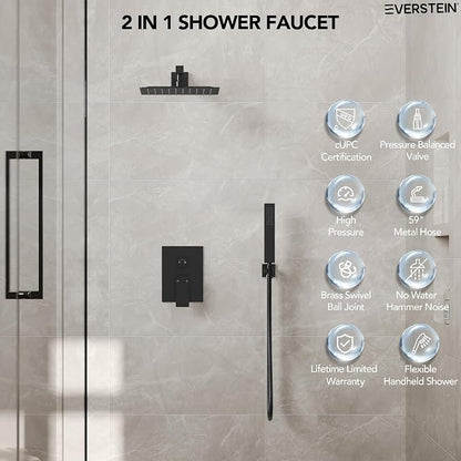 10 Inch High Pressure Rainfall Shower System with Handheld Spray, Wall Mount Bathroom Shower Faucet Set with Valve (Matte Black)