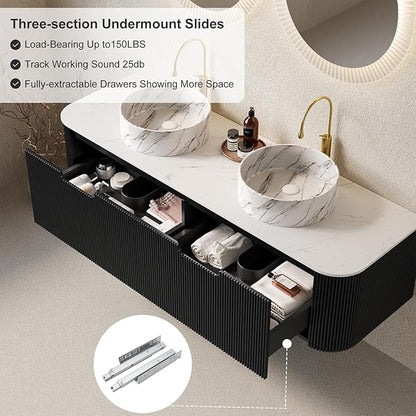 Ambrovina 60" Floating Bathroom Vanity with Double Sink, Modern Bathroom Vanities with Marble Countertop and Ceramic Sink, Soft-Close Design, Natural Solid Wood Cabinet, Pre-Assembled, Gloss Black