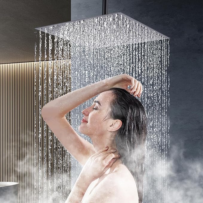 Shower Head,16 Inch Ultra Thin High Pressure Fixed Rain Showerhead Matte Black with Silicone Nozzle - Adjustable Metal Swivel Ball Joint - For the Best Relaxation and Spa