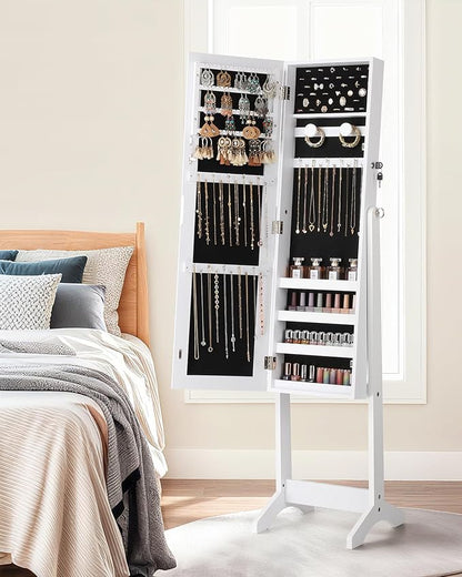 Nicetree Freestanding Jewelry Cabinet, Full Length Mirror, Moon White | Jewelry Armoire Organizer, Lockable Jewelry Storage Cabinet, Frameless Mirror, 3 Adjustable Angles,Gift Idea,Quick Assembly