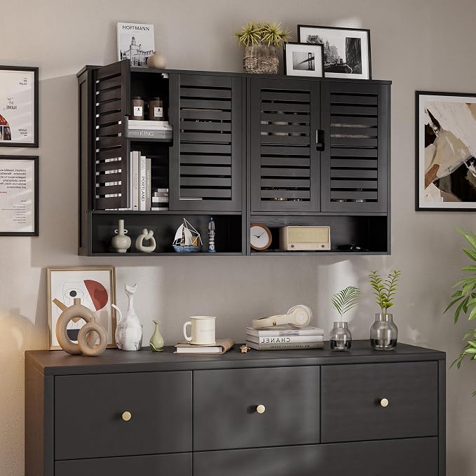 SMIBUY Bathroom Cabinet Wall Mounted, Bamboo Over-The-Toilet Storage Organizer, Space Saver Medicine Cabinet with 2 Door and Adjustable Shelves (Black)