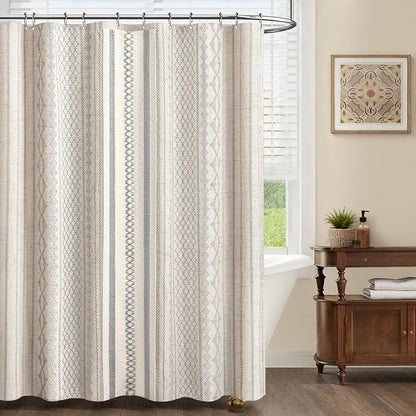 Light Grey Boho Linen Shower Curtain,72" W x 72" L | Linen Striped Print and Twine-Inspired Woven Center for Bathroom
