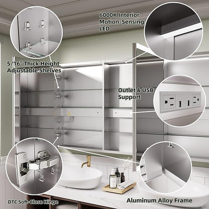 LED Medicine Cabinet Mirror, 60x30 Inch Bathroom Storage, Recessed/Wall Mount, Plug-in/Hardwired, 3 Color Dimmable Light, Anti-Fog, Time Temp Display