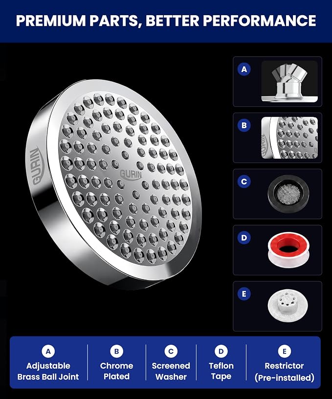 GURIN Shower Head - Luxury Polished Chrome Finish - Rain Showerhead 6 Inch | High Pressure Shower Heads with Adjustable Angles, 90 Anti-Clog Nozzles, Tool-Free 1-Min Install