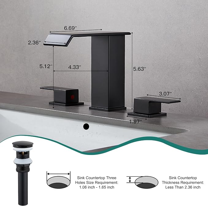 Bathroom Faucet 3 Hole Black 8 inch Widespread Waterfall with Pop Up Drain | 2 Handle Bathroom Sink Faucet with Water Supply Hoses Modern Vanity Lavatory Basin Faucet Commercial
