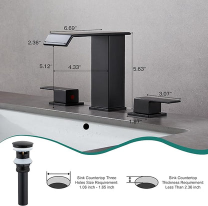 Bathroom Faucet 3 Hole Black 8 inch Widespread Waterfall with Pop Up Drain | 2 Handle Bathroom Sink Faucet with Water Supply Hoses Modern Vanity Lavatory Basin Faucet Commercial