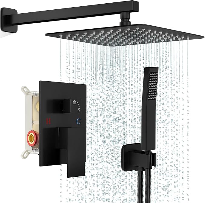 FPXRNG Shower Faucet Set Rainfall Shower System with Square Shower Head and Handle Set Rough-in Valve and Metal Trim Kit Included Matte Black 10 Inch Wall Mounted Shower Fixtures