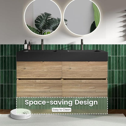 48" Floating Bathroom Vanity with Black Sink Combo, Modern Floating Double Sink Bathroom Vanity with Solid Surface Tops & 4 Soft-Closing Drawers, Large Storage for Apartment, Hotel, Rough Oak
