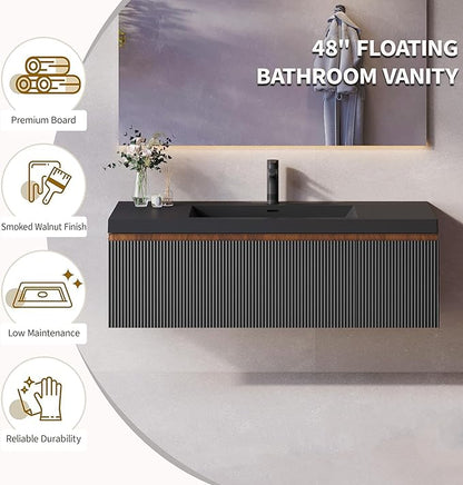 48'' Floating Bathroom Vanity with Sink Combo, Modern Wall-Mounted Striped Bathroom Storage Cabinet with Soft-Close Drawers and Black Quartz Sand Basin, No Assembly Required