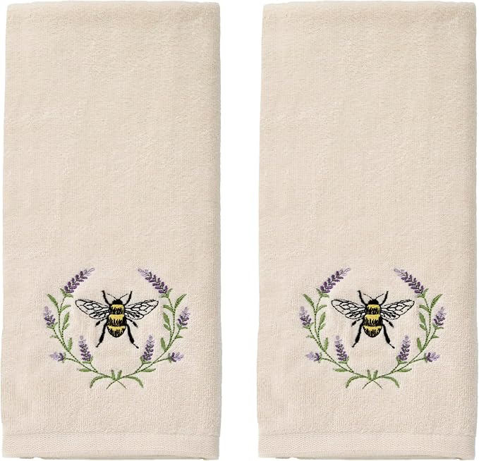 SKL Home Bee Lavender Hand Towel Set-2pc, 100% Cotton, Embroidered, Natural | Soft, decorative velour. For use in the bathroom, kitchen or bar & makes a great gift.