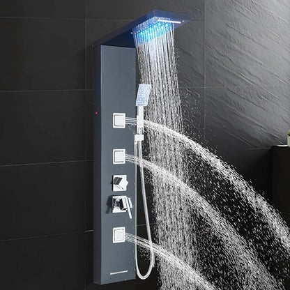 AlenArt Stainless Steel LED Shower Panel Tower System, Bathroom 5-Function Shower Panel Tower with LED Rainfall Waterfall Shower Head, Massage Jets, Tub Spout, Handheld Shower, Black-8126