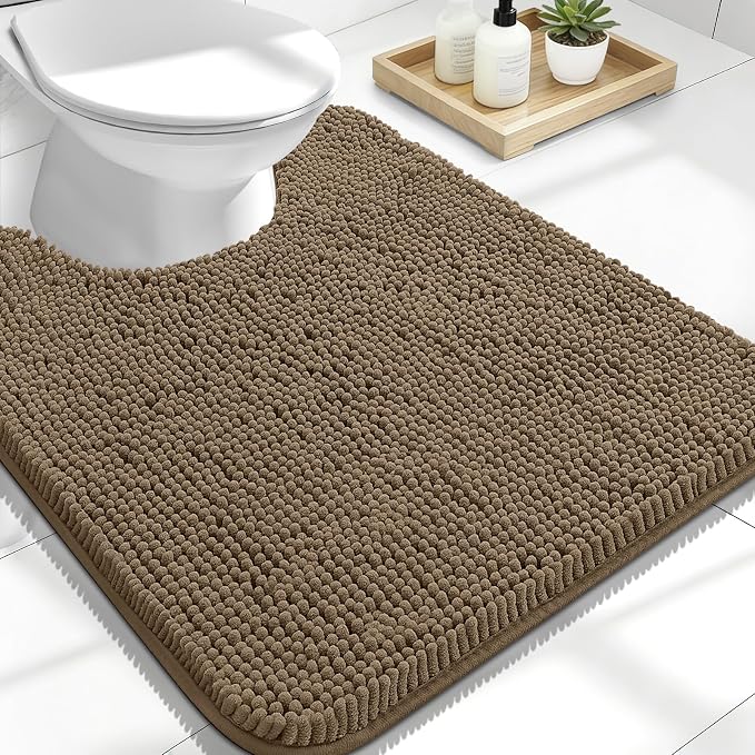 OLANLY Toilet Rugs U-Shaped 24x20, Soft Absorbent Chenille Contour Rugs | Tan, Quick-Drying Rubber Backing, Machine Washable Non-Slip Shaggy Bathroom Mat for Toilet, Home Decor Accessories
