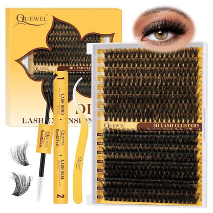 QUEWEL Lash Clusters Kit, 320Pcs 60D+80D Lash Cluster Eyelash Extensions | 12-18mm Lash Clusters Kit with Lash Bond and Seal and Lash Tweezers Easy DIY at Home(60+80D 3D Kit)