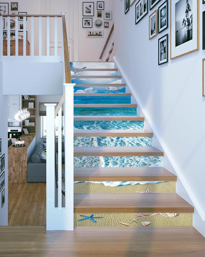 FLFK Stair Decals - Stair Stickers Decals Peel and Stick,Sunshine Ocean Beach Stair Risers Decals Self-Adhesive for Home Decor, 39.3" W x 7.08" H x 13Pcs