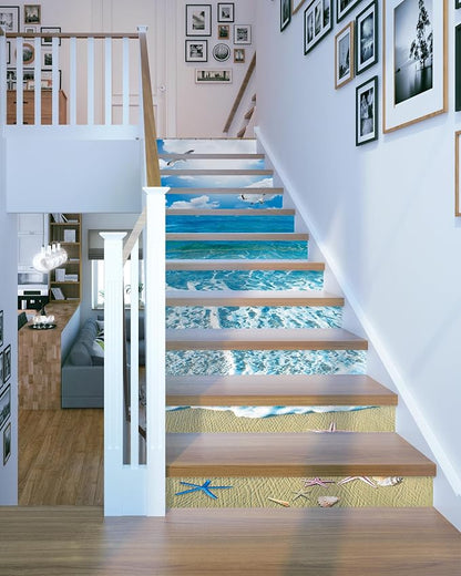 FLFK Stair Decals - Stair Stickers Decals Peel and Stick,Sunshine Ocean Beach Stair Risers Decals Self-Adhesive for Home Decor, 39.3" W x 7.08" H x 13Pcs