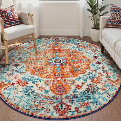 Lahome Reine Bohemian Floral Medallion Round Rug - 6Ft Soft Rug for Living Room Washable Rug for Dining Room, Vintage Faux Wool Non Slip Cute Table Throw Carpet for Coffee Table Nursery Guest Room