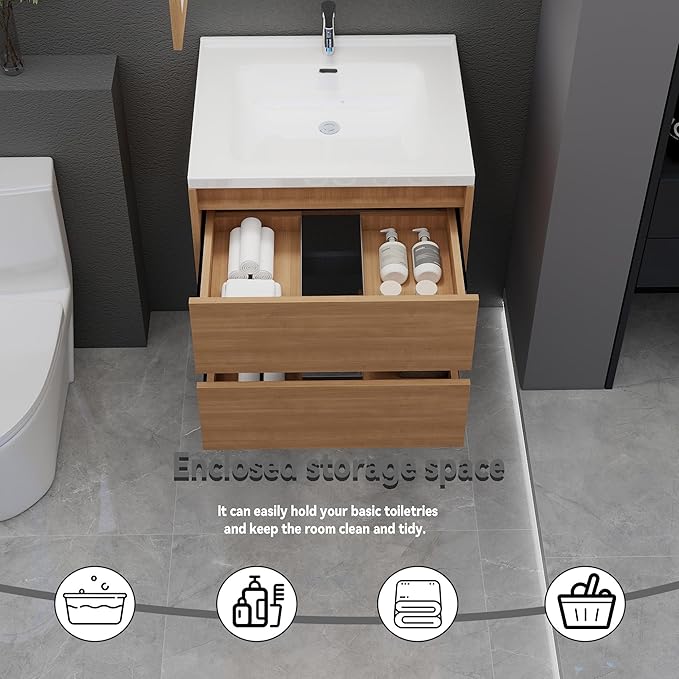 Wood Grain Floating Bathroom Vanity with Sink, 23x18 Inch Wall Mounted Bathroom Cabinet with 2 Drawers, Modern Single Sink Vanity for Small Bathroom, Space-Saving Storage Cabinet