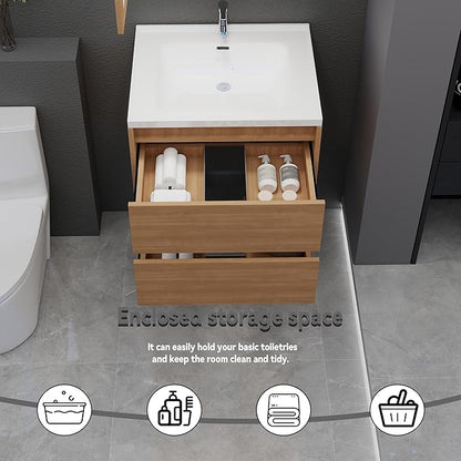 Wood Grain Floating Bathroom Vanity with Sink, 23x18 Inch Wall Mounted Bathroom Cabinet with 2 Drawers, Modern Single Sink Vanity for Small Bathroom, Space-Saving Storage Cabinet
